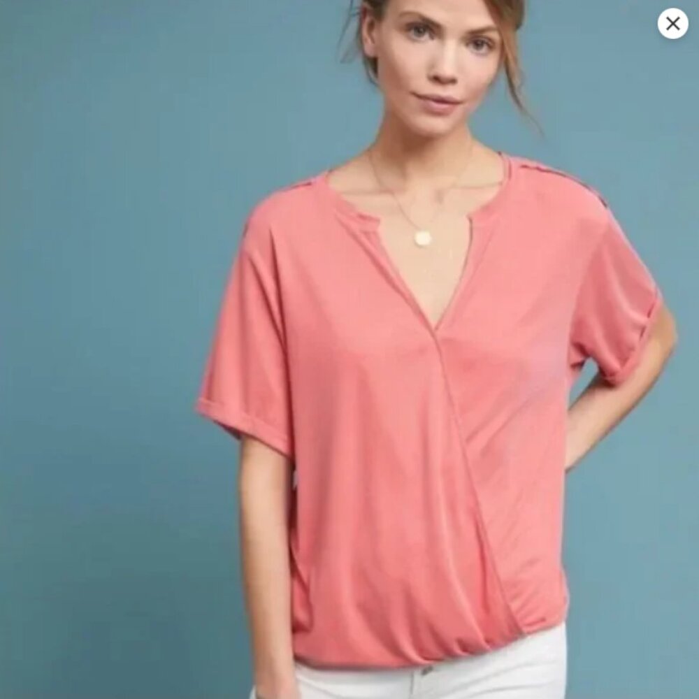 Saturday Sunday by Anthropologie Coral Pink Ribbed Amy Surplice top size S